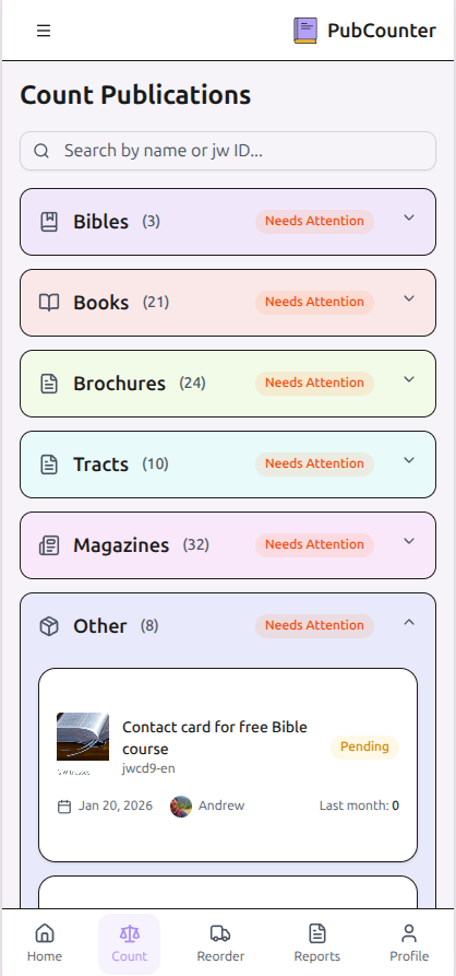 PubCounter counting screen with weight-based inventory tracking
